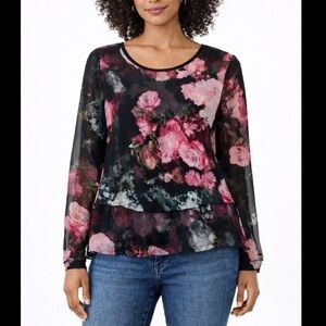 Ellen Tracy Semi Sheer Black Floral Ruffled Blouse